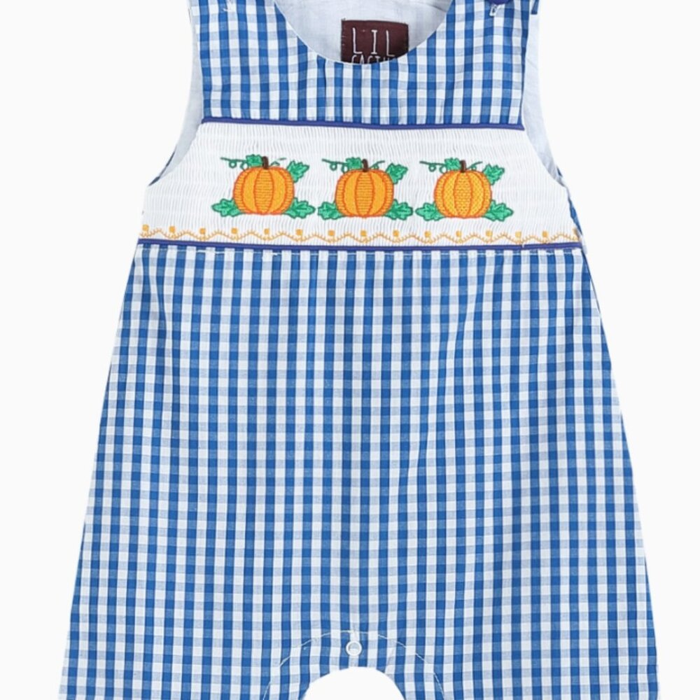 Baby Boy Blue Gingham Embroidered Pumpkin Smocked Shortalls Thanksgiving - Picture 4 of 6